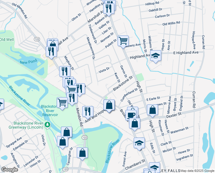 map of restaurants, bars, coffee shops, grocery stores, and more near 6 Meadowcrest Drive in Cumberland