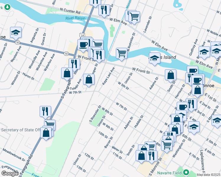 map of restaurants, bars, coffee shops, grocery stores, and more near 800 West 7th Street in Monroe