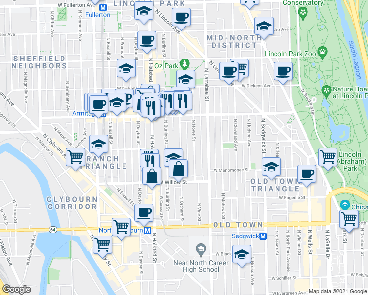 map of restaurants, bars, coffee shops, grocery stores, and more near 1872 North Howe Street in Chicago