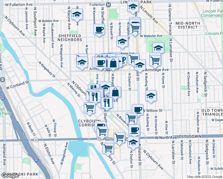 map of restaurants, bars, coffee shops, grocery stores, and more near 1876 North Bissell Street in Chicago
