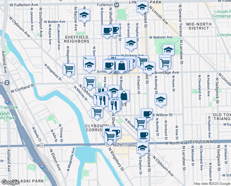 map of restaurants, bars, coffee shops, grocery stores, and more near 1876 North Bissell Street in Chicago