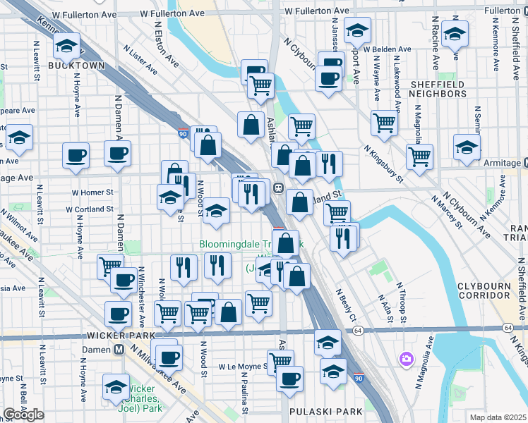 map of restaurants, bars, coffee shops, grocery stores, and more near 1627 West Cortland Street in Chicago