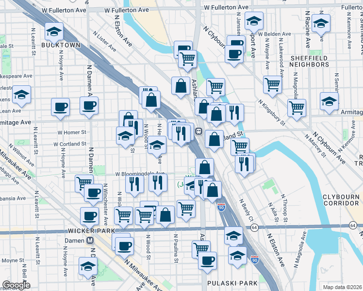 map of restaurants, bars, coffee shops, grocery stores, and more near 1627 West Cortland Street in Chicago