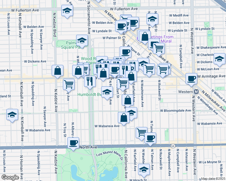 map of restaurants, bars, coffee shops, grocery stores, and more near 1909 North Francisco Avenue in Chicago