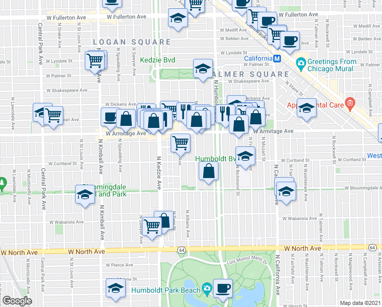 map of restaurants, bars, coffee shops, grocery stores, and more near 1911 North Albany Avenue in Chicago
