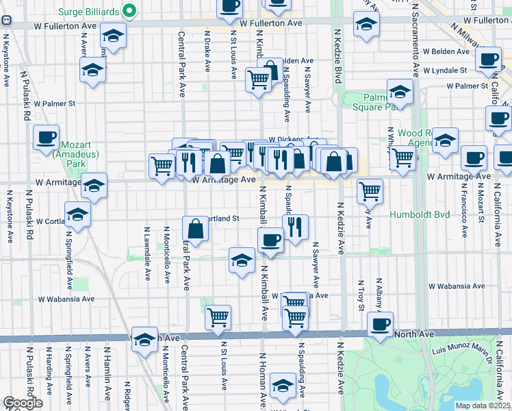 map of restaurants, bars, coffee shops, grocery stores, and more near 1916 North Kimball Avenue in Chicago