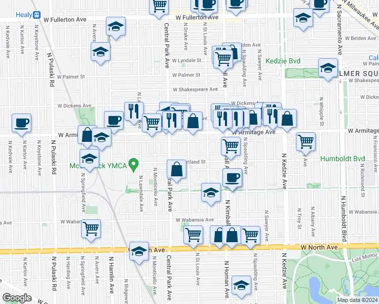 map of restaurants, bars, coffee shops, grocery stores, and more near 1918 North Drake Avenue in Chicago