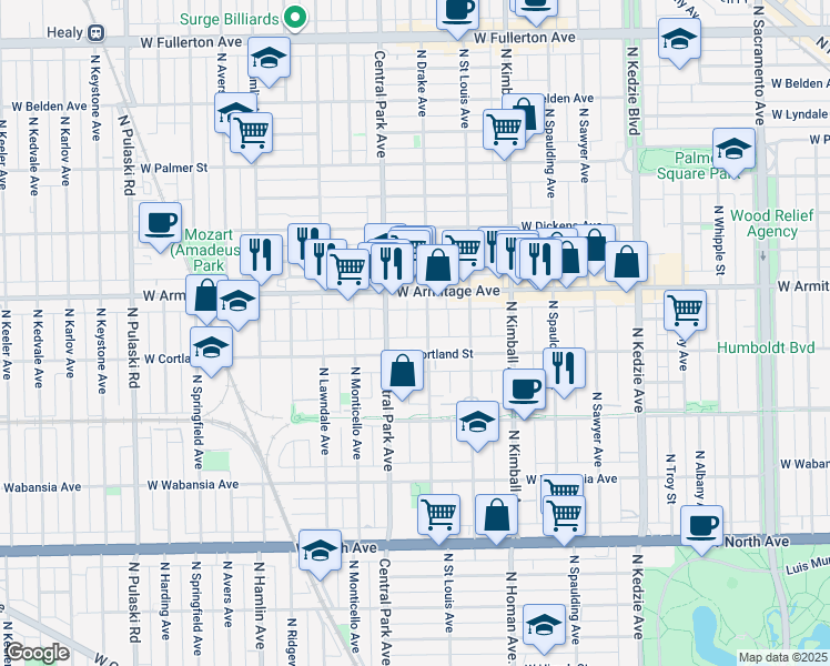 map of restaurants, bars, coffee shops, grocery stores, and more near 1918 North Drake Avenue in Chicago