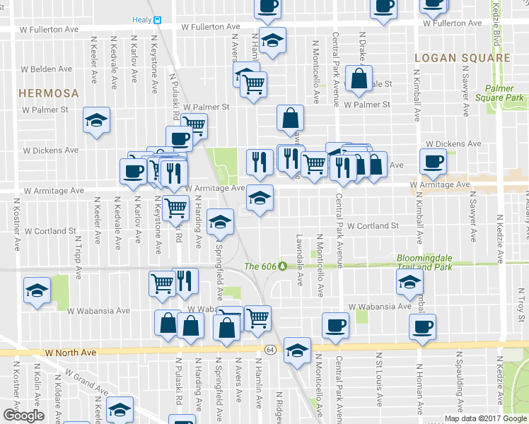map of restaurants, bars, coffee shops, grocery stores, and more near 1919 North Hamlin Avenue in Chicago