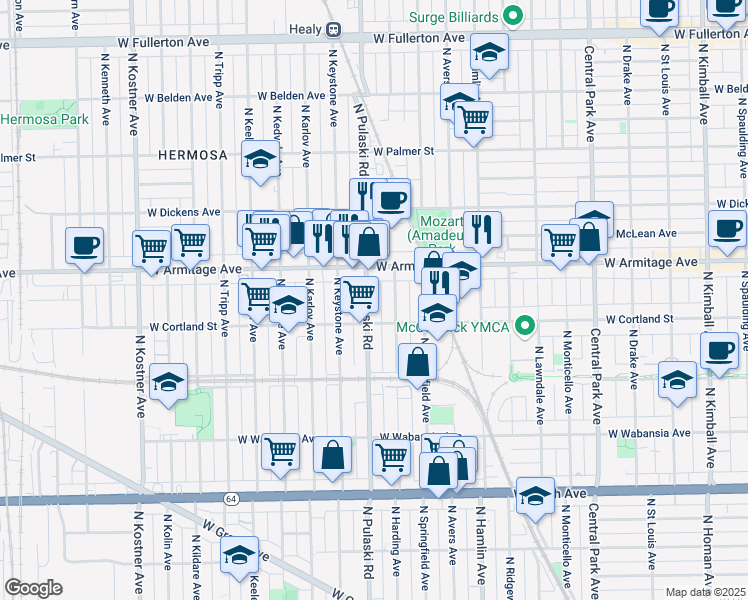 map of restaurants, bars, coffee shops, grocery stores, and more near 1921 North Pulaski Road in Chicago