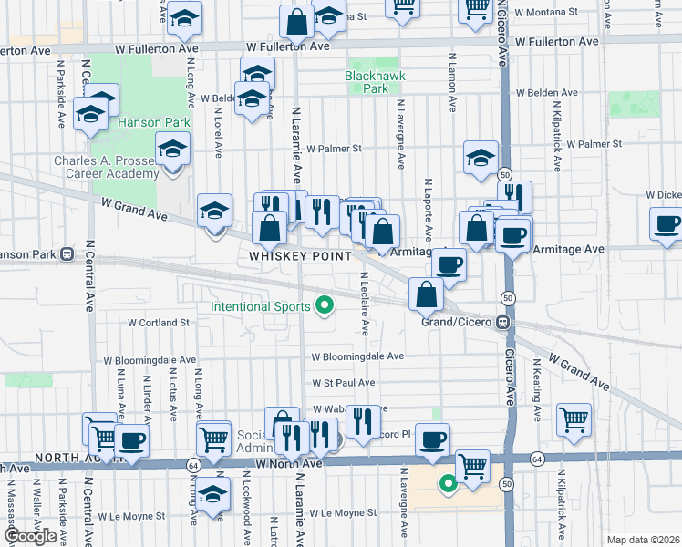 map of restaurants, bars, coffee shops, grocery stores, and more near 5142 West Homer Street in Chicago