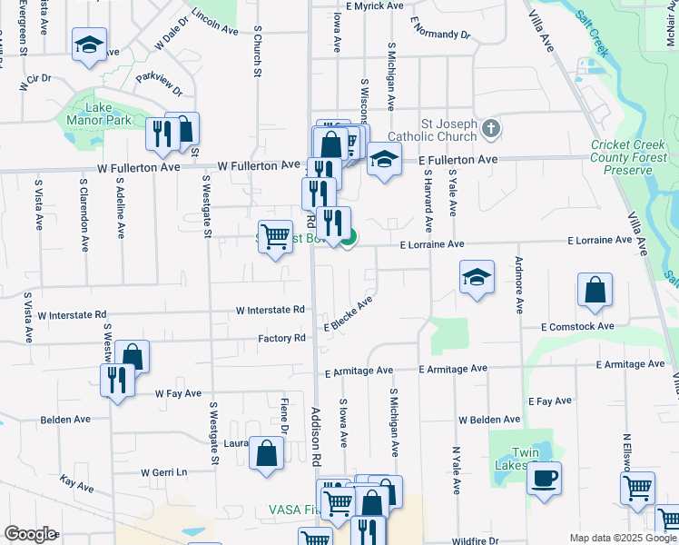 map of restaurants, bars, coffee shops, grocery stores, and more near 622 Iowa Avenue in Addison
