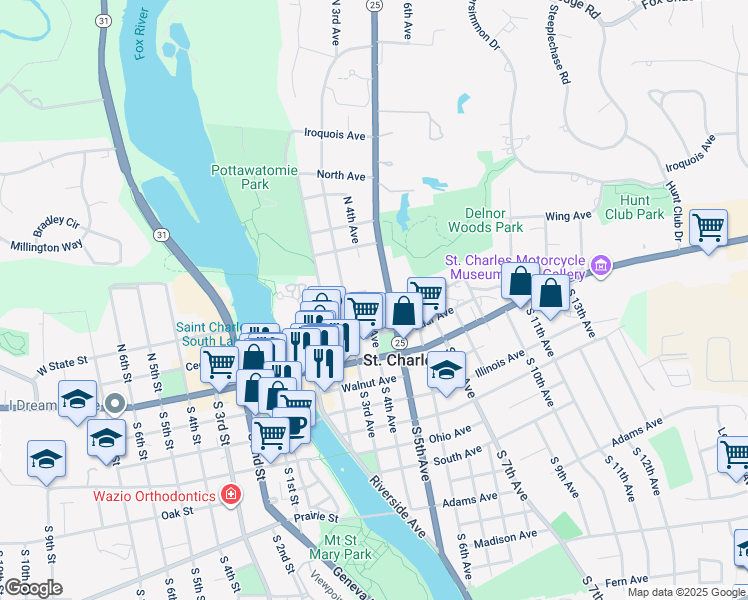 map of restaurants, bars, coffee shops, grocery stores, and more near 410 State Avenue in St. Charles