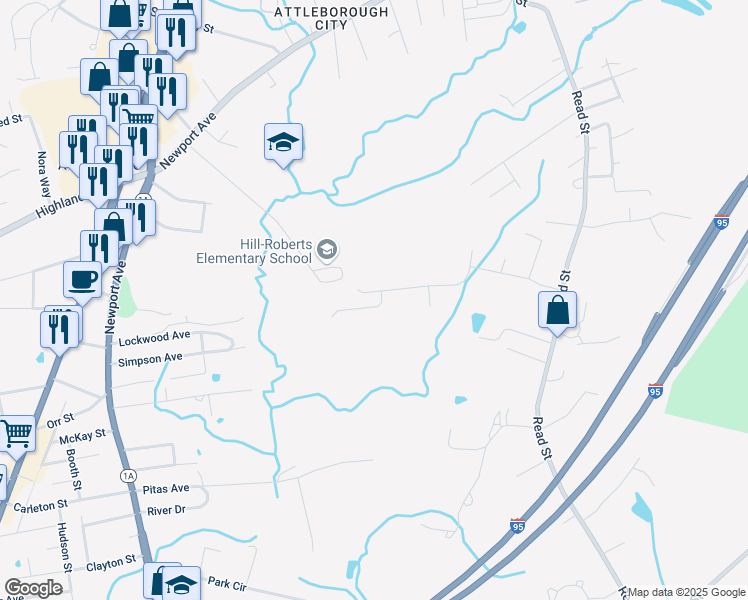 map of restaurants, bars, coffee shops, grocery stores, and more near 5 Jody Way in Attleboro