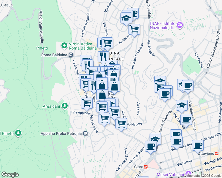 map of restaurants, bars, coffee shops, grocery stores, and more near 183 Viale delle Medaglie d'Oro in Roma