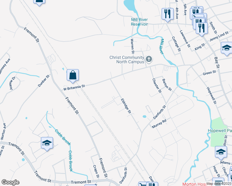 map of restaurants, bars, coffee shops, grocery stores, and more near 178 Eldridge Street in Taunton