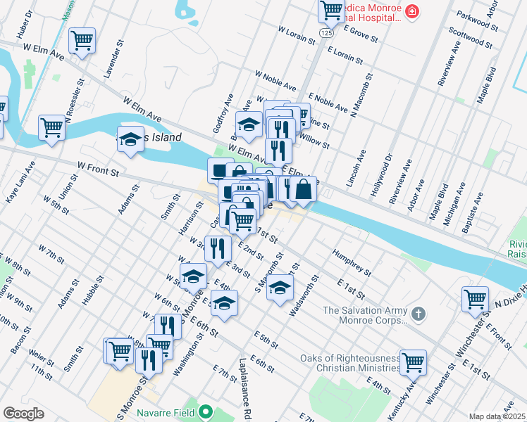 map of restaurants, bars, coffee shops, grocery stores, and more near in Monroe
