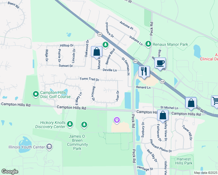 map of restaurants, bars, coffee shops, grocery stores, and more near 38W244 Joan Court in St. Charles