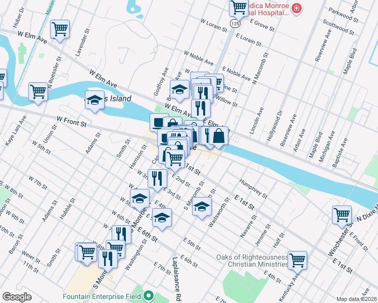 map of restaurants, bars, coffee shops, grocery stores, and more near in Monroe