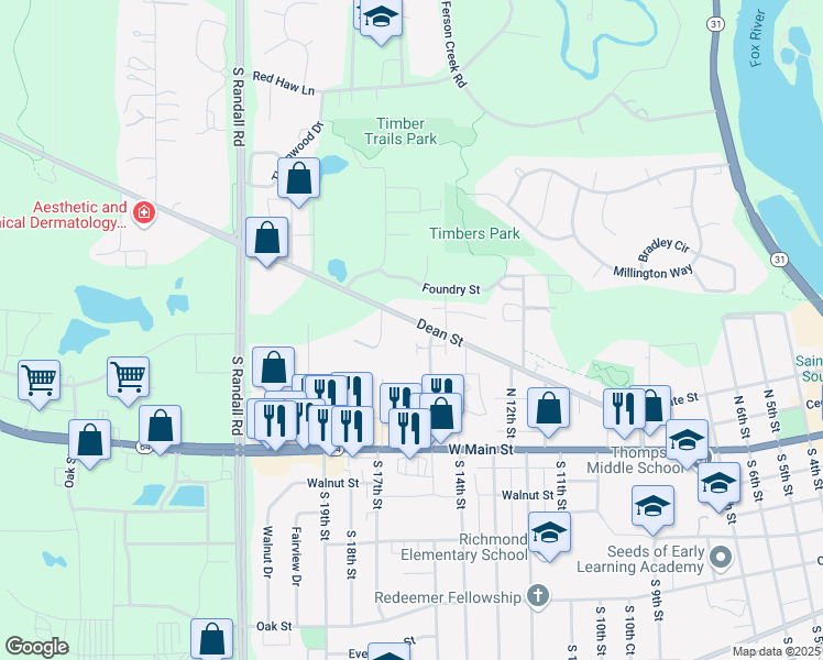 map of restaurants, bars, coffee shops, grocery stores, and more near 1437 Dean Street in St. Charles