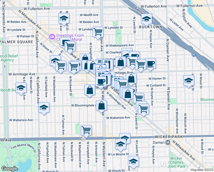 map of restaurants, bars, coffee shops, grocery stores, and more near 1900 North Western Avenue in Chicago