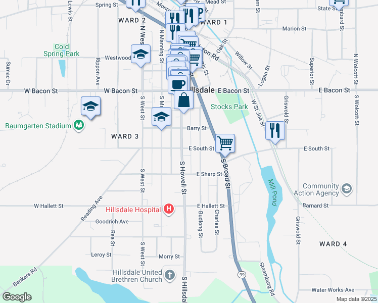 map of restaurants, bars, coffee shops, grocery stores, and more near 85 South Howell Street in Hillsdale