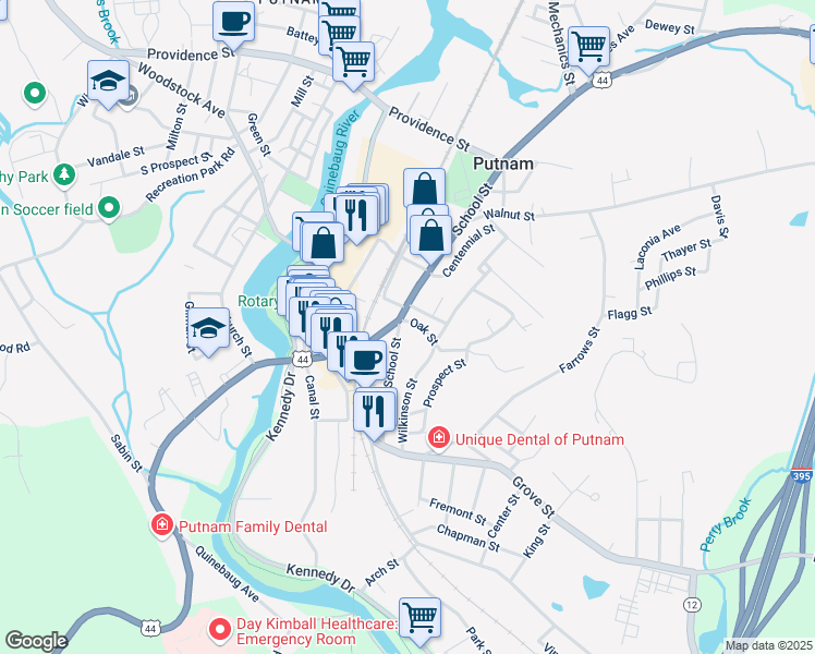 map of restaurants, bars, coffee shops, grocery stores, and more near 97 School Street in Putnam