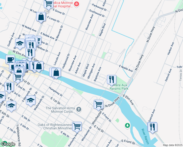 map of restaurants, bars, coffee shops, grocery stores, and more near 136 Michigan Avenue in Monroe