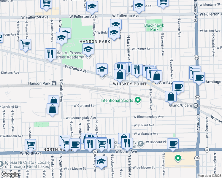 map of restaurants, bars, coffee shops, grocery stores, and more near 1946 North Latrobe Avenue in Chicago