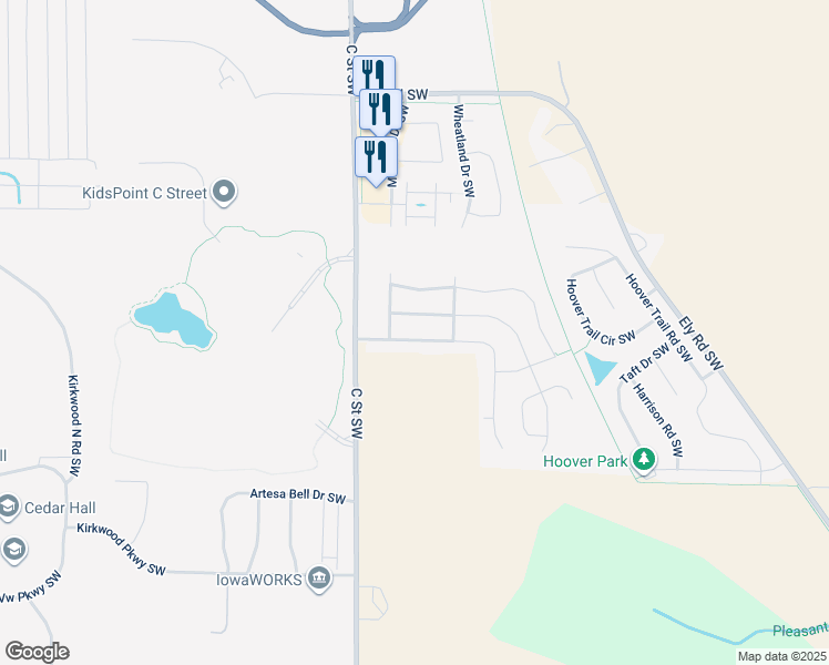 map of restaurants, bars, coffee shops, grocery stores, and more near 1220 Prairie Rose Drive Southwest in Cedar Rapids