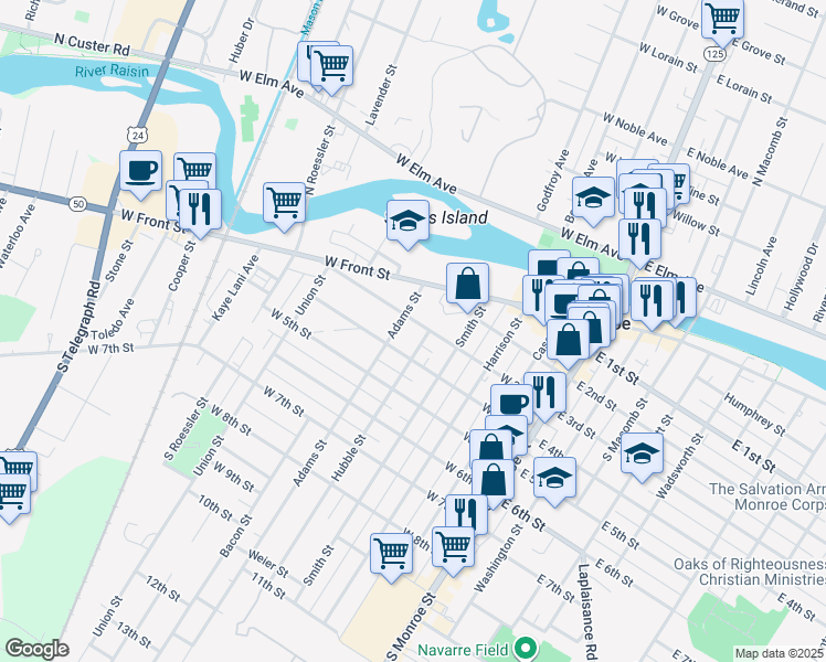 map of restaurants, bars, coffee shops, grocery stores, and more near 325 West 3rd Street in Monroe