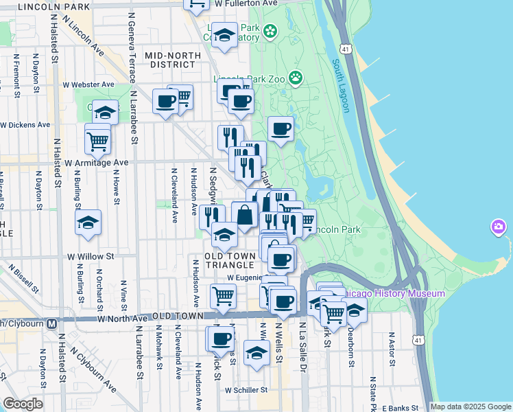 map of restaurants, bars, coffee shops, grocery stores, and more near 1848 North Lincoln Avenue in Chicago
