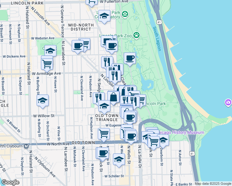 map of restaurants, bars, coffee shops, grocery stores, and more near 1848 North Lincoln Avenue in Chicago