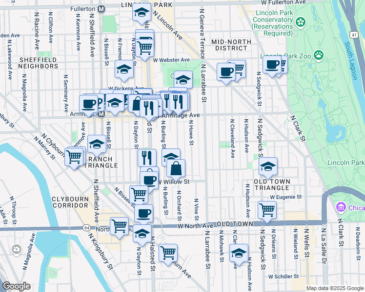 map of restaurants, bars, coffee shops, grocery stores, and more near 1872 North Howe Street in Chicago