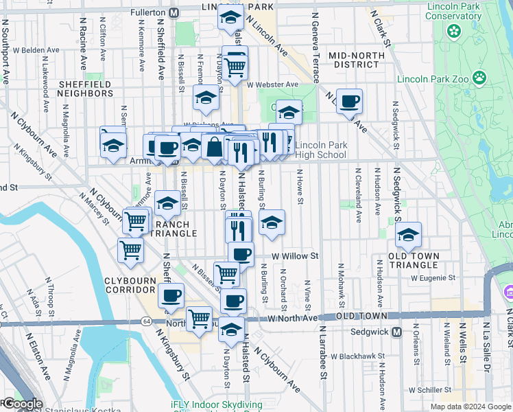 map of restaurants, bars, coffee shops, grocery stores, and more near 1877 North Halsted Street in Chicago