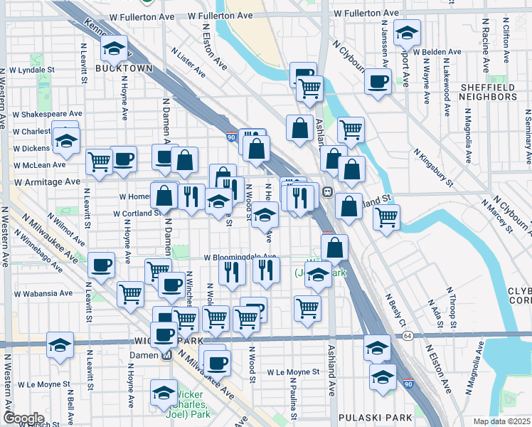 map of restaurants, bars, coffee shops, grocery stores, and more near 1850 North Hermitage Avenue in Chicago