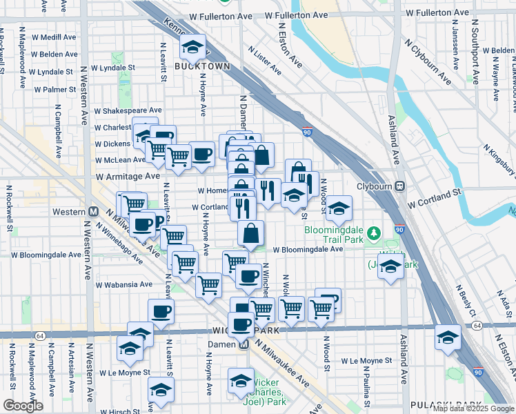 map of restaurants, bars, coffee shops, grocery stores, and more near 1936 West Cortland Street in Chicago