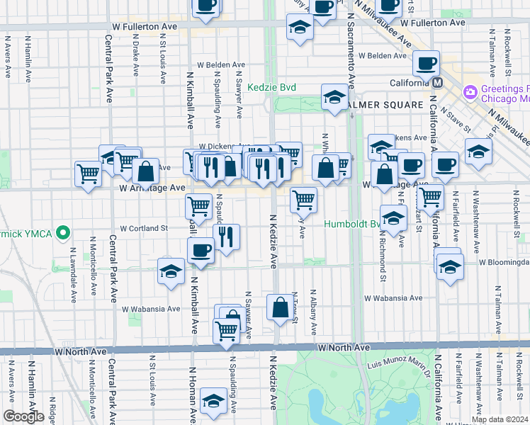 map of restaurants, bars, coffee shops, grocery stores, and more near 1915 North Sawyer Avenue in Chicago