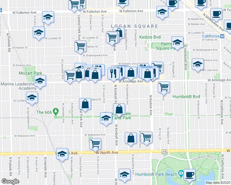 map of restaurants, bars, coffee shops, grocery stores, and more near 1916 North Kimball Avenue in Chicago