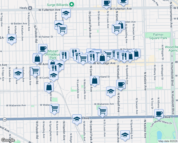 map of restaurants, bars, coffee shops, grocery stores, and more near 1916 North Central Park Avenue in Chicago