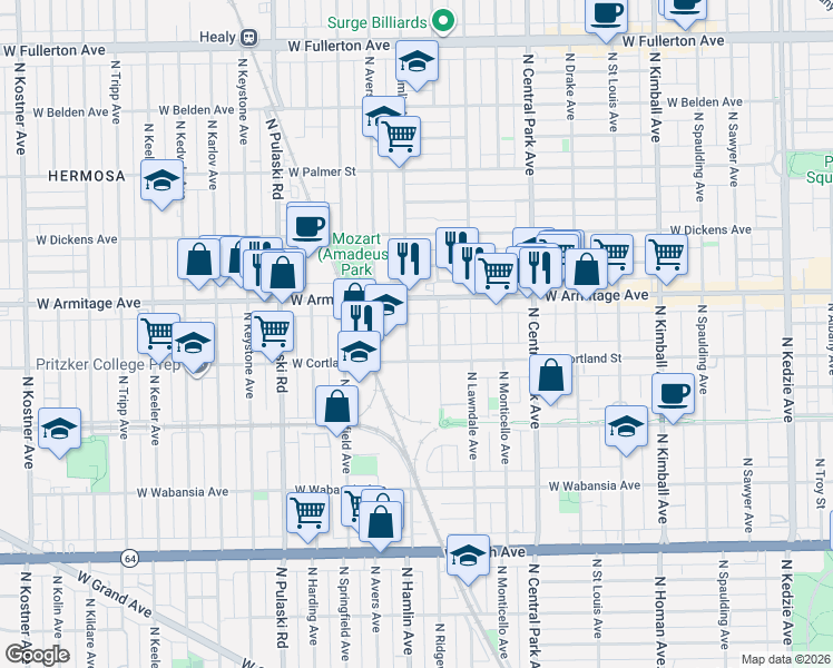 map of restaurants, bars, coffee shops, grocery stores, and more near 1919 North Hamlin Avenue in Chicago