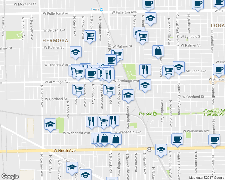 map of restaurants, bars, coffee shops, grocery stores, and more near 1929 North Pulaski Road in Chicago