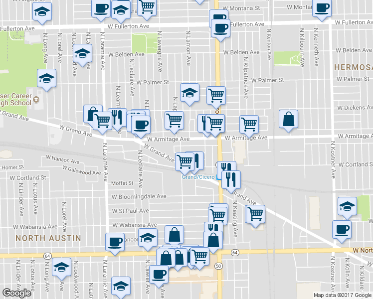 map of restaurants, bars, coffee shops, grocery stores, and more near 4858 West Homer Street in Chicago