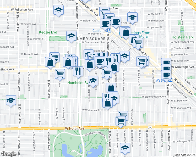 map of restaurants, bars, coffee shops, grocery stores, and more near 1915 North Francisco Avenue in Chicago