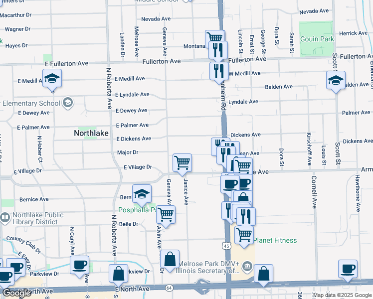 map of restaurants, bars, coffee shops, grocery stores, and more near 412 Major Drive in Northlake