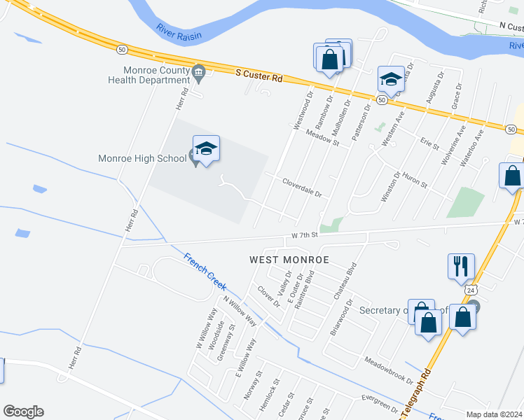 map of restaurants, bars, coffee shops, grocery stores, and more near 1007 Westwood Drive in Monroe