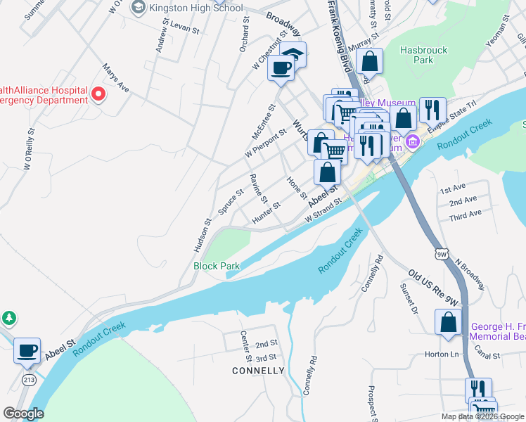 map of restaurants, bars, coffee shops, grocery stores, and more near 161 Hunter Street in Kingston