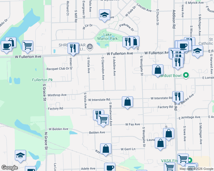 map of restaurants, bars, coffee shops, grocery stores, and more near 555 South Clarendon Avenue in Addison