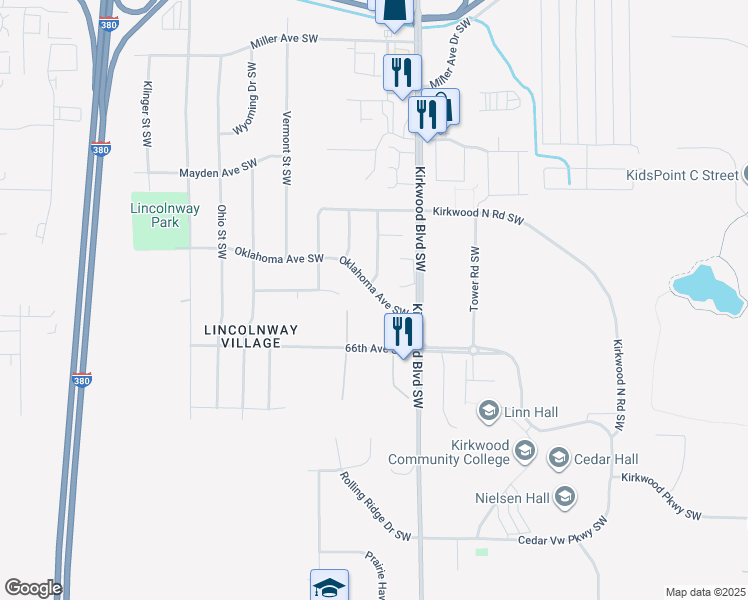 map of restaurants, bars, coffee shops, grocery stores, and more near 61 Oklahoma Avenue Southwest in Cedar Rapids