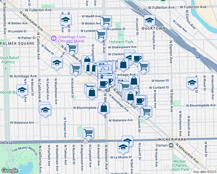 map of restaurants, bars, coffee shops, grocery stores, and more near 1920 North Milwaukee Avenue in Chicago